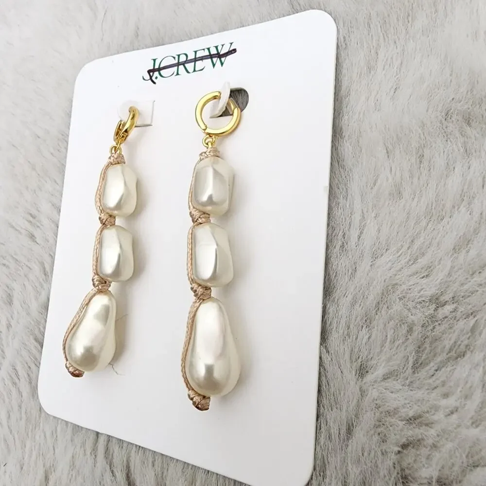 J. Crew Pearl Rope Linear Dangle Earrings Gold Cream Statement NWT